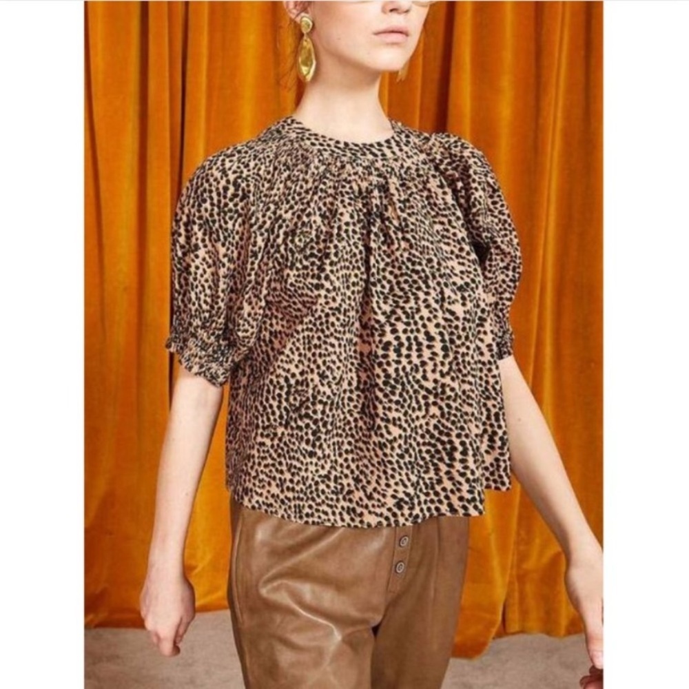 Ulla Johnson Lennie Pleated Cotton Poplin Top Cheetah Print Animal Print Size 2